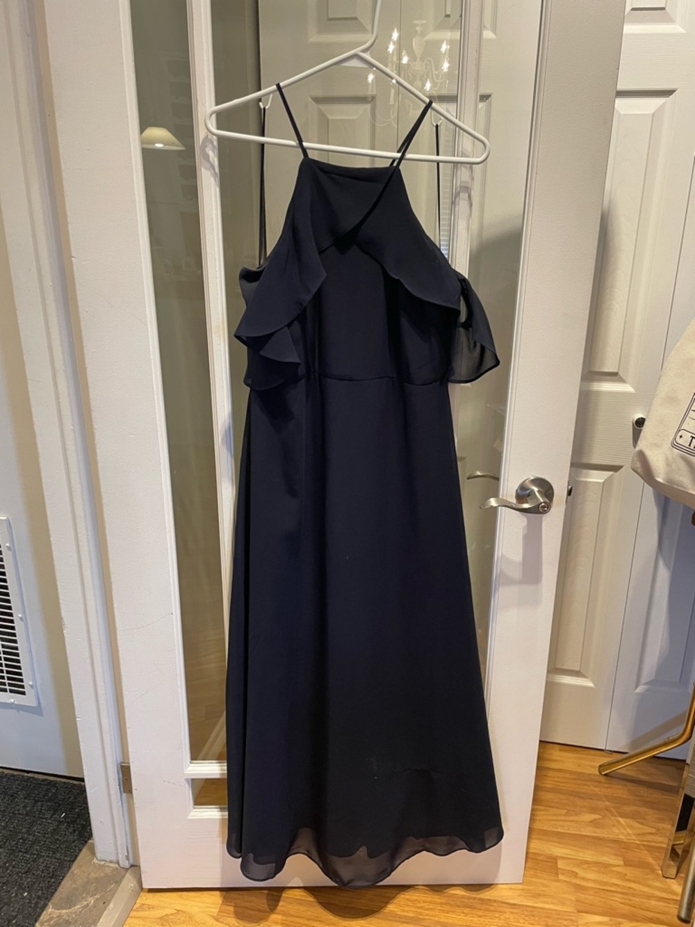 Gabby Skye Navy Cold-Shoulder Ruffle Maxi Dress